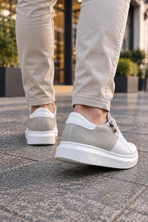 Roirraw Bağcıklı ve Fermuarlı Süet Erkek Günlük Sneaker Ayakkabı - Beyaz Gri