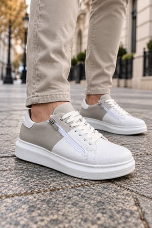Roirraw Bağcıklı ve Fermuarlı Süet Erkek Günlük Sneaker Ayakkabı - Beyaz Gri