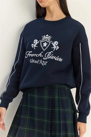Kadın Nakış İşlemeli Bisiklet Yaka Sweatshirt - Üç İplik Şardonlu Sıcak Tutan Üst - Lacivert