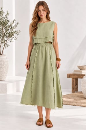 Beli Lastikli ve Yan Bağlamalı Müslin Etek-Crop Takım - Çağla Yeşili