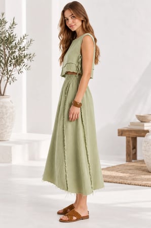 Beli Lastikli ve Yan Bağlamalı Müslin Etek-Crop Takım - Çağla Yeşili