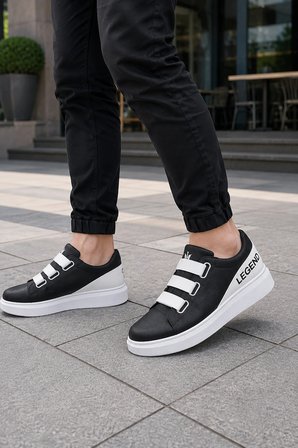 Mirox Erkek Bağcıksız 3 Bant Lastikli Günlük Sneaker Ayakkabı - Siyah Beyaz