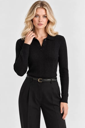 Kadın Polo Yaka Örgü Triko Kazak – Düğme Detaylı Regular Fit - Siyah