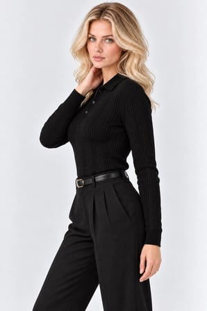 Kadın Polo Yaka Örgü Triko Kazak – Düğme Detaylı Regular Fit - Siyah