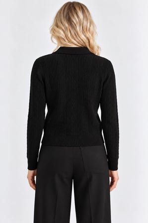 Kadın Polo Yaka Örgü Triko Kazak – Düğme Detaylı Regular Fit - Siyah