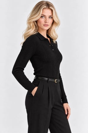 Kadın Polo Yaka Örgü Triko Kazak – Düğme Detaylı Regular Fit - Siyah