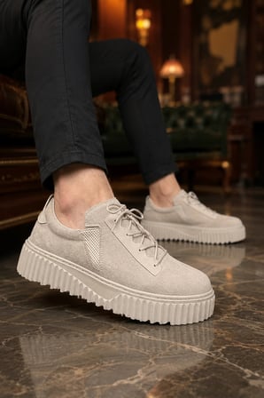 Dlob Erkek Bağcıklı Süet Günlük Casual Spor Sneaker Ayakkabı - Krem