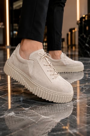 Dlob Erkek Bağcıklı Süet Günlük Casual Spor Sneaker Ayakkabı - Krem