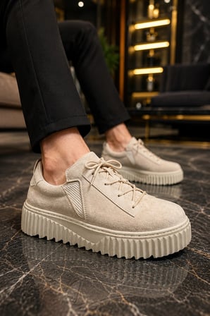 Dlob Erkek Bağcıklı Süet Günlük Casual Spor Sneaker Ayakkabı - Krem