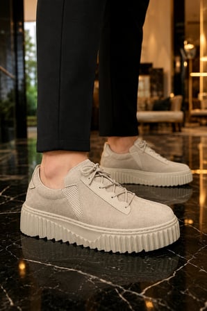 Dlob Erkek Bağcıklı Süet Günlük Casual Spor Sneaker Ayakkabı - Krem