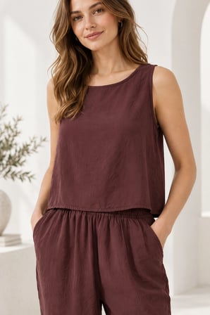 Beli Lastikli Modal Pantolon & Kalın Askılı Bluz Takımı - Patlıcan