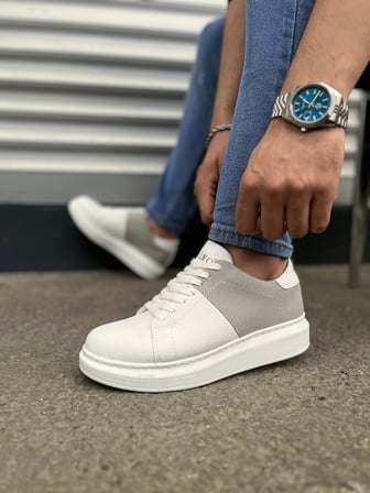 Tsoob Bağcıklı Cilt  Süet Erkek Günlük Rahat Taban Sneaker Ayakkabı - Gri - Beyaz