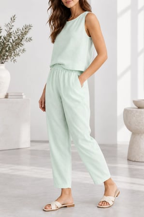 Beli Lastikli Modal Pantolon & Kalın Askılı Bluz Takımı - Su Yeşili