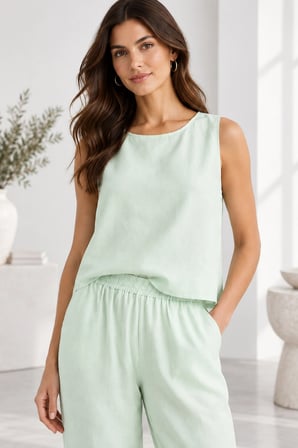Beli Lastikli Modal Pantolon & Kalın Askılı Bluz Takımı - Su Yeşili