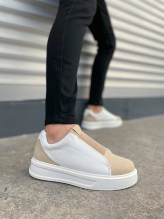 Torino Erkek Bağcıksız Cilt Günlük Sneaker Ayakkabı – Ortopedik Kalın Taban Bej