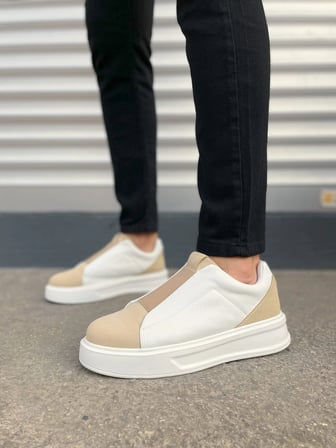 Torino Erkek Bağcıksız Cilt Günlük Sneaker Ayakkabı – Ortopedik Kalın Taban Bej