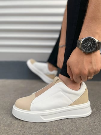 Torino Erkek Bağcıksız Cilt Günlük Sneaker Ayakkabı – Ortopedik Kalın Taban Bej