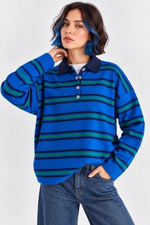 Kadın Çizgili Polo Yaka Basic Triko Kazak- Saks