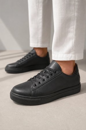 Austin Bağcıklı Cilt Erkek Günlük Sneaker Ayakkabı - Siyah