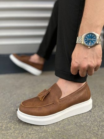 Monaco Bağcıksız Püsküllü Cilt Erkek Günlük Spor Klasik Loafer Ayakkabı – Taba Beyaz