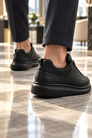 Ekard Bağcıklı Cilt Erkek Günlük Sneaker Ayakkabı - Siyah