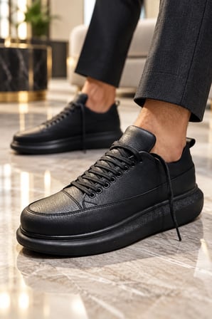 Ekard Bağcıklı Cilt Erkek Günlük Sneaker Ayakkabı - Siyah