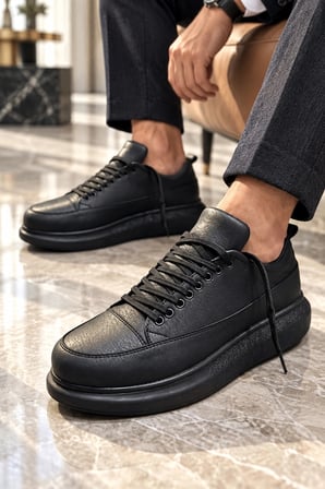 Ekard Bağcıklı Cilt Erkek Günlük Sneaker Ayakkabı - Siyah