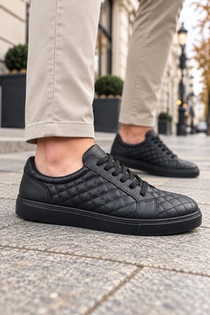 Egitserp Bağcıklı Cilt Kapitone Desenli Erkek Günlük Sneaker Ayakkabı - Kömür