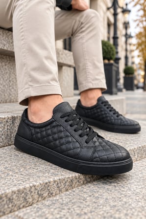 Egitserp Bağcıklı Cilt Kapitone Desenli Erkek Günlük Sneaker Ayakkabı - Kömür