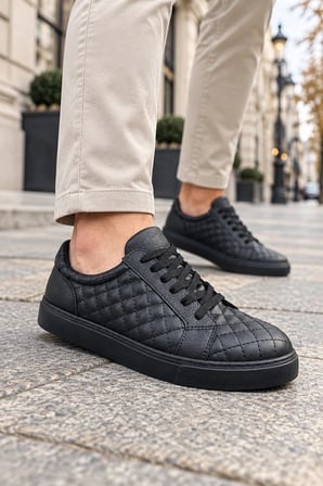 Egitserp Bağcıklı Cilt Kapitone Desenli Erkek Günlük Sneaker Ayakkabı - Kömür