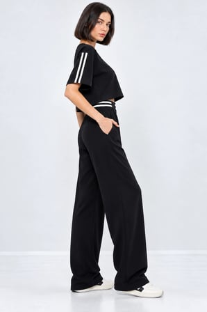 Kadın Spor Şık Çizgi Detaylı Crop Bluz Ve Yüksek Bel Modal Takım - Siyah