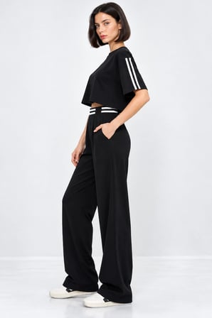 Kadın Spor Şık Çizgi Detaylı Crop Bluz Ve Yüksek Bel Modal Takım - Siyah