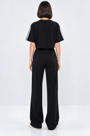 Kadın Spor Şık Çizgi Detaylı Crop Bluz Ve Yüksek Bel Modal Takım - Siyah