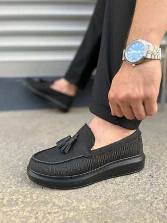 Monaco Bağcıksız Püsküllü Keten Erkek Günlük Spor Klasik Loafer Ayakkabı – Siyah
