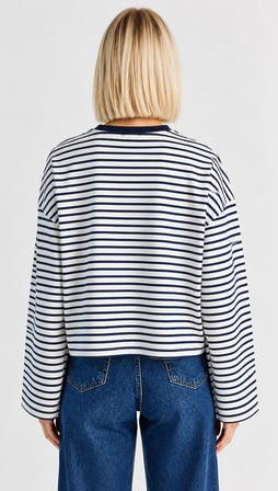 Kadın Oversize Çizgili Baskılı Uzun Kollu T-Shirt - 36 Detaylı Spor Şık Tişört - Ekru-Lacivert