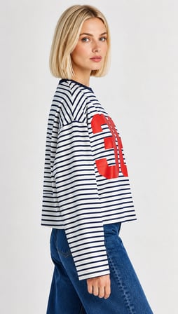 Kadın Oversize Çizgili Baskılı Uzun Kollu T-Shirt - 36 Detaylı Spor Şık Tişört - Ekru-Lacivert