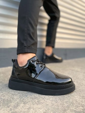 Ornex Erkek Deri Görünümlü Bağcıklı Casual Sneaker Klasik Günlük Ayakkabı - Siyah Rugan