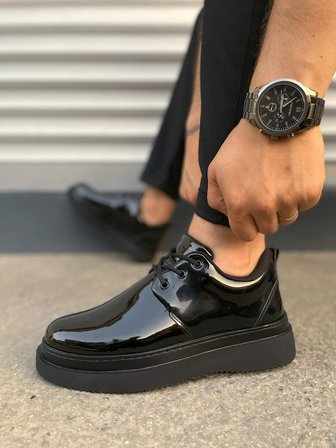 Ornex Erkek Deri Görünümlü Bağcıklı Casual Sneaker Klasik Günlük Ayakkabı - Siyah Rugan