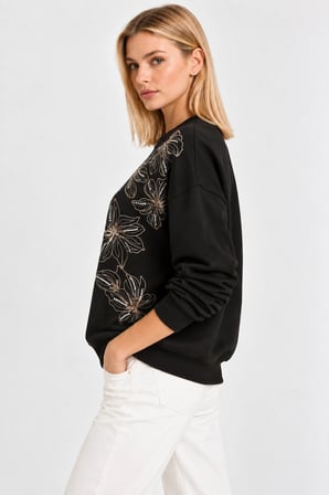 Kadın Çiçek Boncuk Nakışlı Bisiklet Yaka Rahat Kesim Sweatshirt  - Siyah