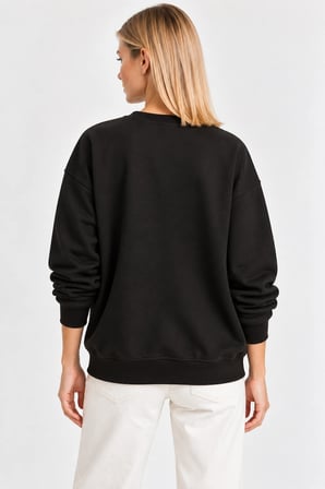 Kadın Çiçek Boncuk Nakışlı Bisiklet Yaka Rahat Kesim Sweatshirt  - Siyah