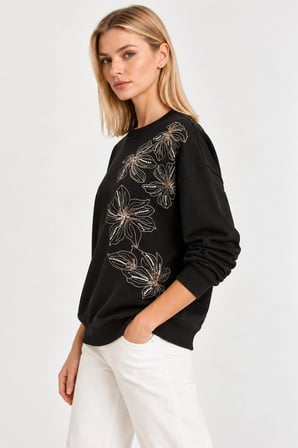 Kadın Çiçek Boncuk Nakışlı Bisiklet Yaka Rahat Kesim Sweatshirt  - Siyah