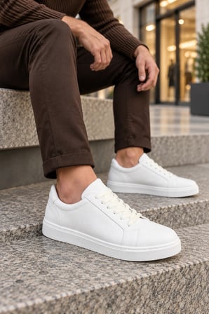 Etile Bağcıklı Cilt Erkek Günlük Sneaker Ayakkabı - Beyaz