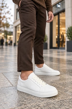 Etile Bağcıklı Cilt Erkek Günlük Sneaker Ayakkabı - Beyaz