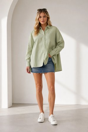 Menri Kadın Oversize Pensli Cepli Poplin Gömlek - Yeşil