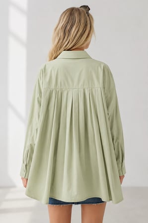 Menri Kadın Oversize Pensli Cepli Poplin Gömlek - Yeşil