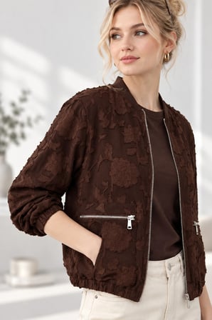 Kadın Fermuarlı Şifon Empirme Oversize Ceket 2913 60286024 - Acı Kahve