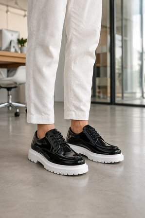 Verlixo Bağcıklı Parlak Rugan Erkek Casual Sneaker Klasik Günlük Ayakkabı - Siyah
