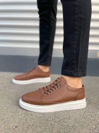 Emirp Cilt Bağcıklı Erkek Sneaker Günlük Ayakkabı - Taba Beyaz