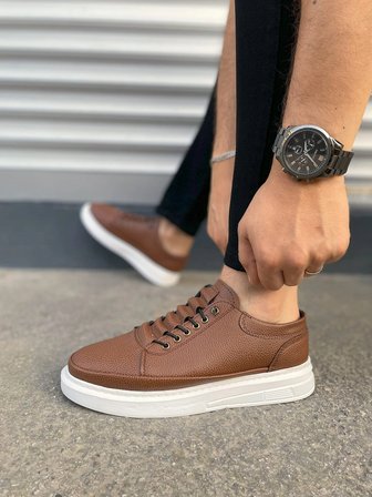 Emirp Cilt Bağcıklı Erkek Sneaker Günlük Ayakkabı - Taba Beyaz