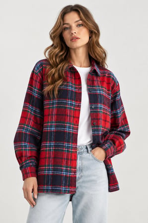 Kadın Kışlık Kalın Oduncu Gömlek Oversize Kareli Casual Gömlek- Kırmızı-Lacivert